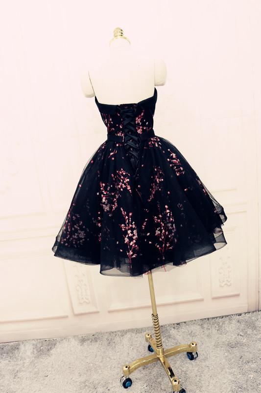 Charming Black Cute Floral Formal Dresses, Black Party Dress, Homecoming Dresses PDO72