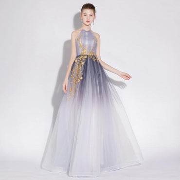A Line Halter Tulle Long Prom Dresses With Appliques PDL28