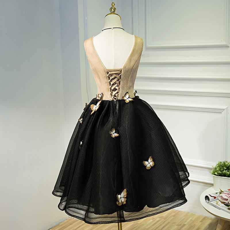 A Line Black V Neck Homecoming Dresses, Sleeveless Prom Dress With Butterfly PDN68