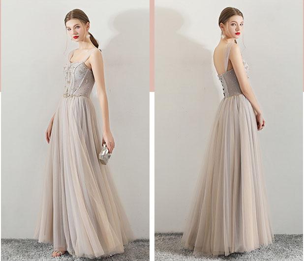 A Line Tulle Long Straps Lace Up Back Beaded Prom Dresses,Evening Dress PDG73