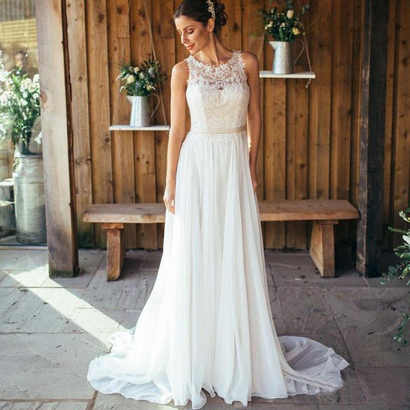 Elegant A-Line Round Neck Chiffon with Lace,Beach Boho Wedding Dresses PPD88