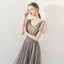 A Line Tulle Long Appliques Beaded Prom Dresses, Grey Formal Evening Dress PDG72