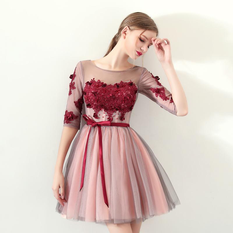 A Line Red Flowers Half Sleeves Homecoming Dresses, Short Appliques Prom Dress PDN61