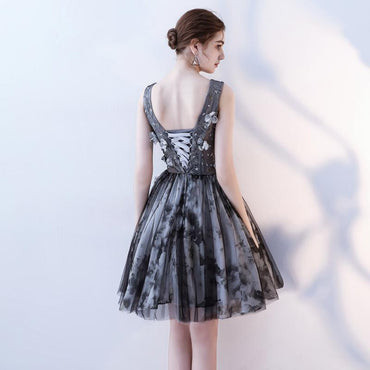V Neck A Line Flowers Homecoming Dresses, Short Grey Prom Dress PDN60