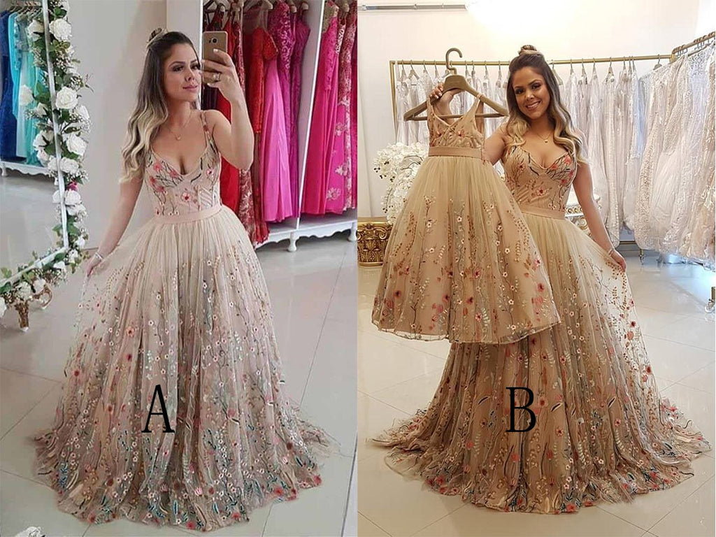 Spaghetti Strap A Line Floral Embroidery Prom Dresses Long Formal Party Dress PDH48