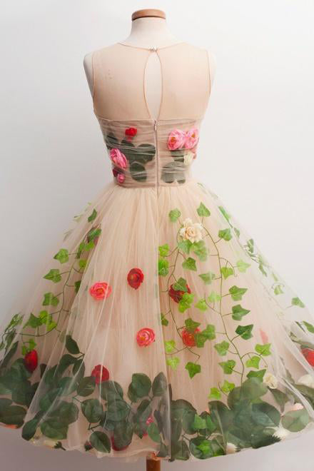 A line Scoop 3D Flowers Tulle Short Homecoming Dresses, Graduation Dresses OMH0095