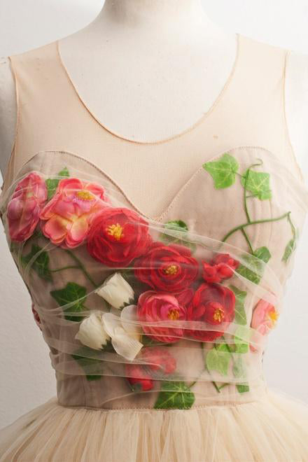 A line Scoop 3D Flowers Tulle Short Homecoming Dresses, Graduation Dresses OMH0095