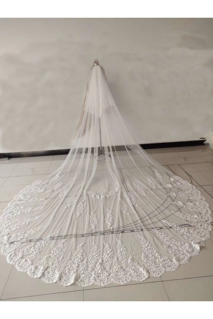 Ivory Lace Appliqued Tulle Wedding Veil, Bridal Veil WV20