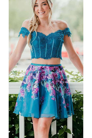 Two Piece Turquoise Off Shoulder Beading Floral Homecoming Dresses PPD33