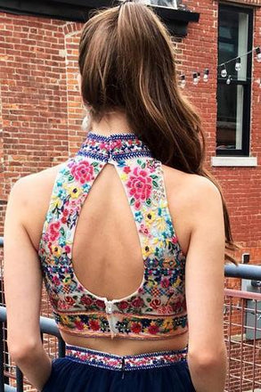 Navy Blue Two Piece Embroidery High Neck Open Back Tulle Homecoming Dresses PPD28