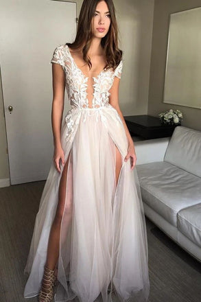 Charming Deep V Neck Tulle Prom Dresses with Appliques Backless Split Wedding Dresses SK07