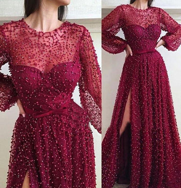 Cheap A Line Burgundy Long Sleeve Vintage Split Prom Dress PDE95