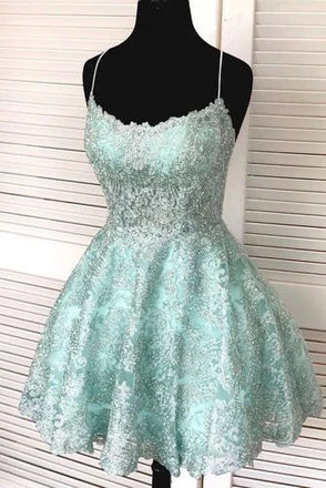 Chic A Line Spaghetti Straps Scoop Green Homecoming Dresses with Lace Appliques SK25
