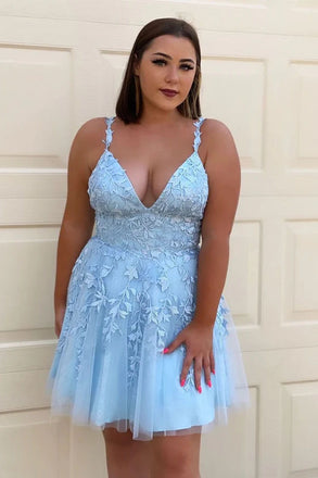 A Line V Neck Short Blue Lace Prom Dresses, Tulle Lace Graduation Dresses OMH0232