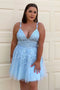 A Line V Neck Short Blue Lace Prom Dresses, Tulle Lace Graduation Dresses OMH0232