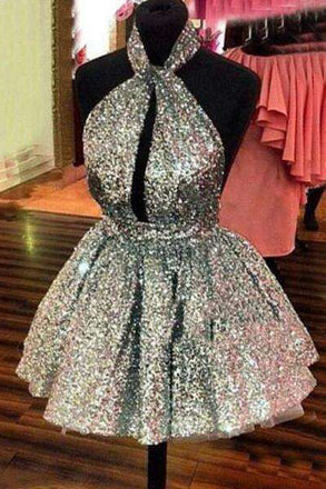 Sparkly A Line Silver Sequins Homecoming Dresses, Above Knee Mini Cocktail Dresses SK24