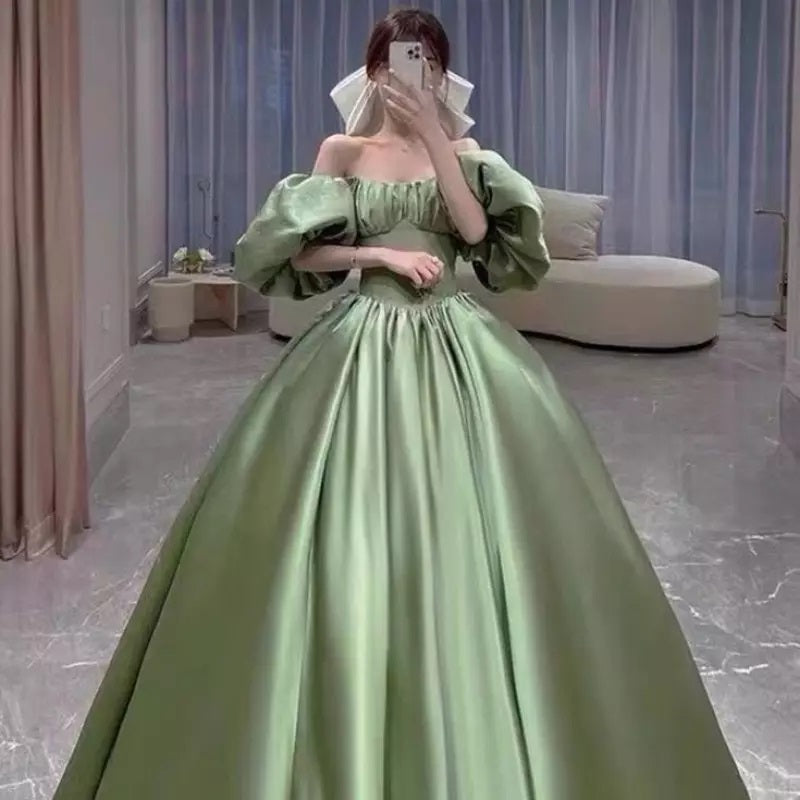 Ball Gown Green Satin Short Sleeves Long Prom Dresses, Floor Length Quinceanera Dress OM0282