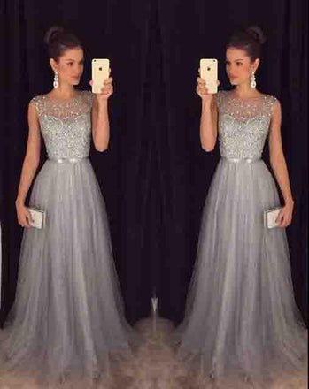 Elegant Gray Tulle Long A Line Prom Dress,Formal Party Dresses PDE94