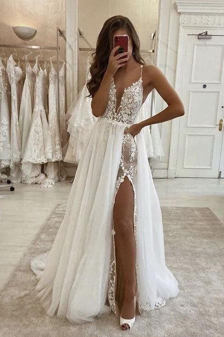 Vintage V neck Lace Tulle Spaghetti Straps Wedding Dresses with Split trendtydresses Vintage V neck Lace Tulle Spaghetti Straps Wedding Dresses with Split trendtydresses