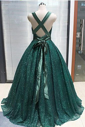 A-line V neck Dark Green Sequined Long Prom Dresses Sparkly Evening Party Dresses PDS18