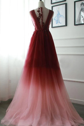 A-line Appliques Burgundy Tulle Long Prom Dresses Formal Evening Dress PDS22