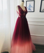 A-line Appliques Burgundy Tulle Long Prom Dresses Formal Evening Dress PDS22