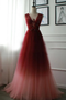 A-line Appliques Burgundy Tulle Long Prom Dresses Formal Evening Dress PDS22