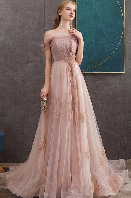 A-line Off-the-shoulder Pearl Pink Long Prom Dresses Evening Dress PDS23