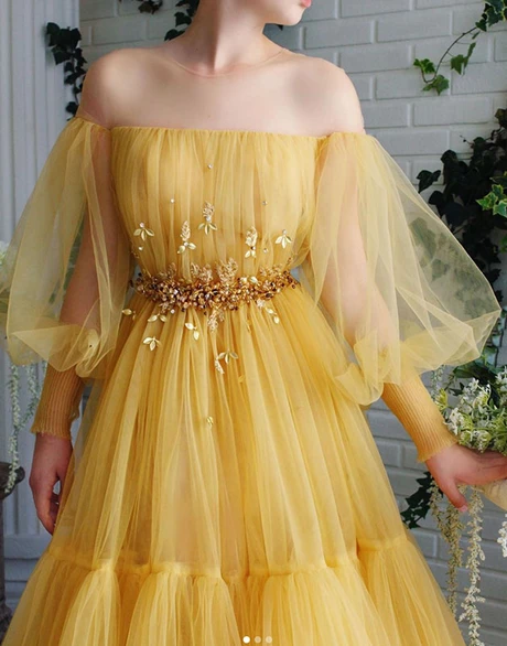 A-line Off-the-shoulder Yellow Tulle Long Prom Dresses Evening Dress PDS56