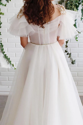 A-line Off White Short Sleeves Long Prom Dresses Organza Evening Dress PDS57
