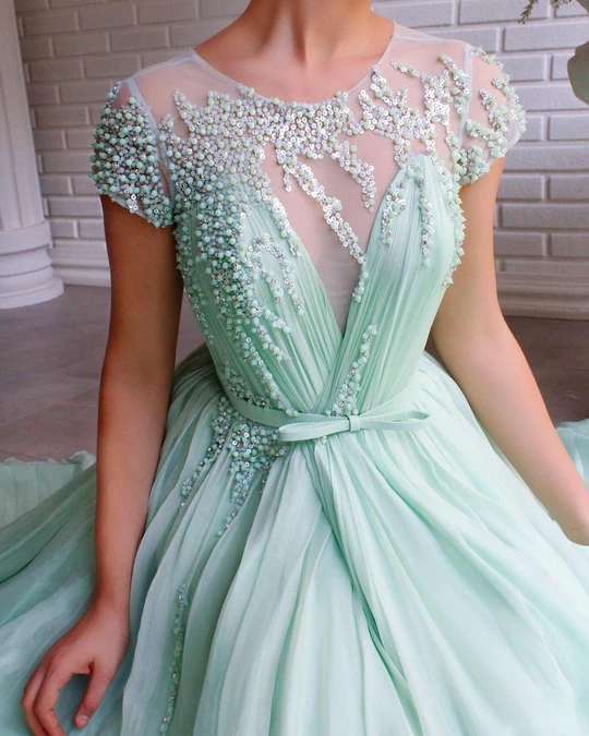 A-line Mint Green Long Cheap Prom Dresses Beading Tulle Evening Dress PDS99