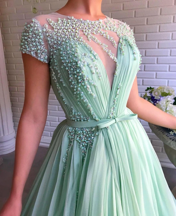 A-line Mint Green Long Cheap Prom Dresses Beading Tulle Evening Dress PDS99