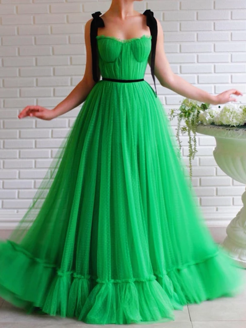 Charming A-line Black Straps Sage Long Charming Prom Dresses Tulle Evening Dress PD198