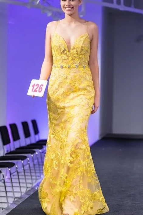 Trumpet/Mermaid Spaghetti Straps Lace Yellow Long Elegant Prom Dresses Evening Dress PDS98