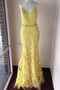 Trumpet/Mermaid Spaghetti Straps Lace Yellow Long Elegant Prom Dresses Evening Dress PDS98