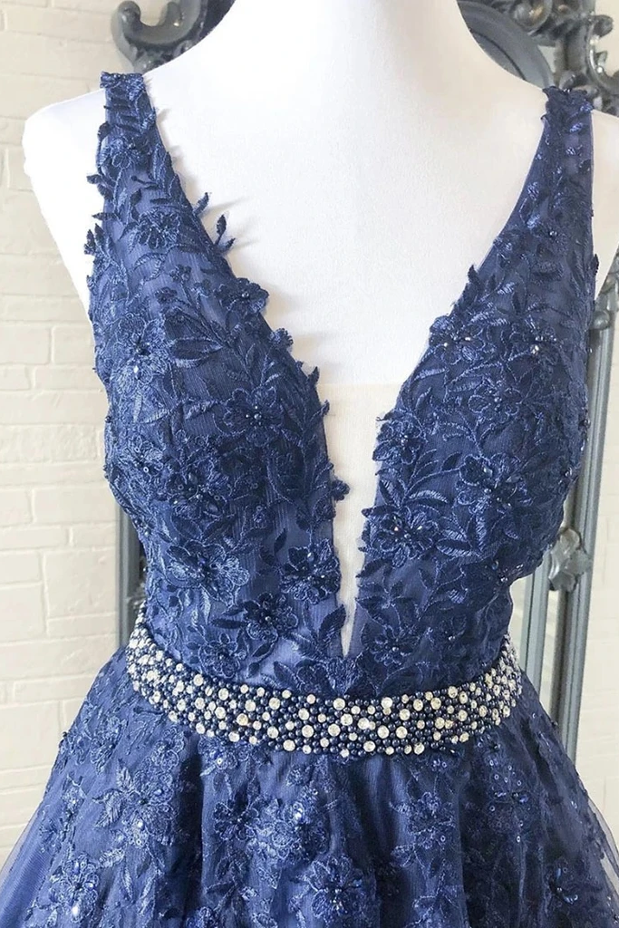 A-line V neck Royal Blue Lace Appliques Long Prom Dresses Tulle Evening Dress PDS95