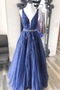 A-line V neck Royal Blue Lace Appliques Long Prom Dresses Tulle Evening Dress PDS95