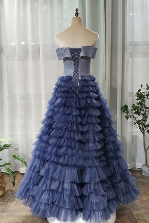 A-line Off-the-shoulder Royal Blue Long Prom Dresses Tulle Evening Dress PDS94