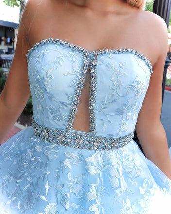 Stunning A-line Strapless Sky Blue Lace Beaded Long Prom Dresses Evening Dress PDT2
