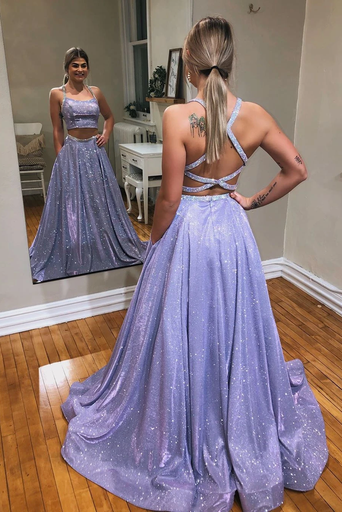 A-line Two Pieces Spaghetti Straps Sparkly Long Prom Dresses Evening Dress PDT3