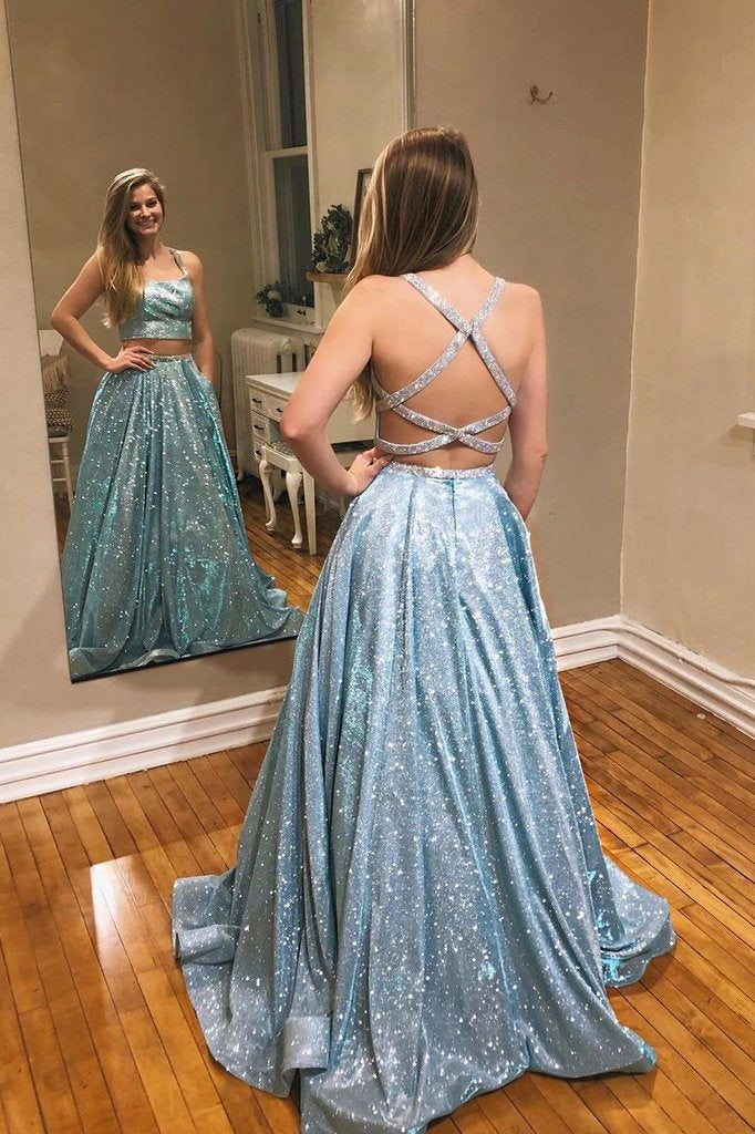 Simple A-line Two Pieces Spaghetti Straps Sparkly Long Prom Dresses Evening Dress PD209
