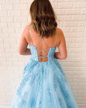 New Arrival A-line Spaghetti Straps Lace Appliques Long Blue Prom Dresses PDT5