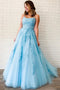 New Arrival A-line Spaghetti Straps Lace Appliques Long Blue Prom Dresses PDT5