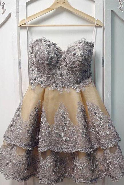 Unique Sweetheart Appliques Short Prom Dress, Layers Homecoming Dress PDP56