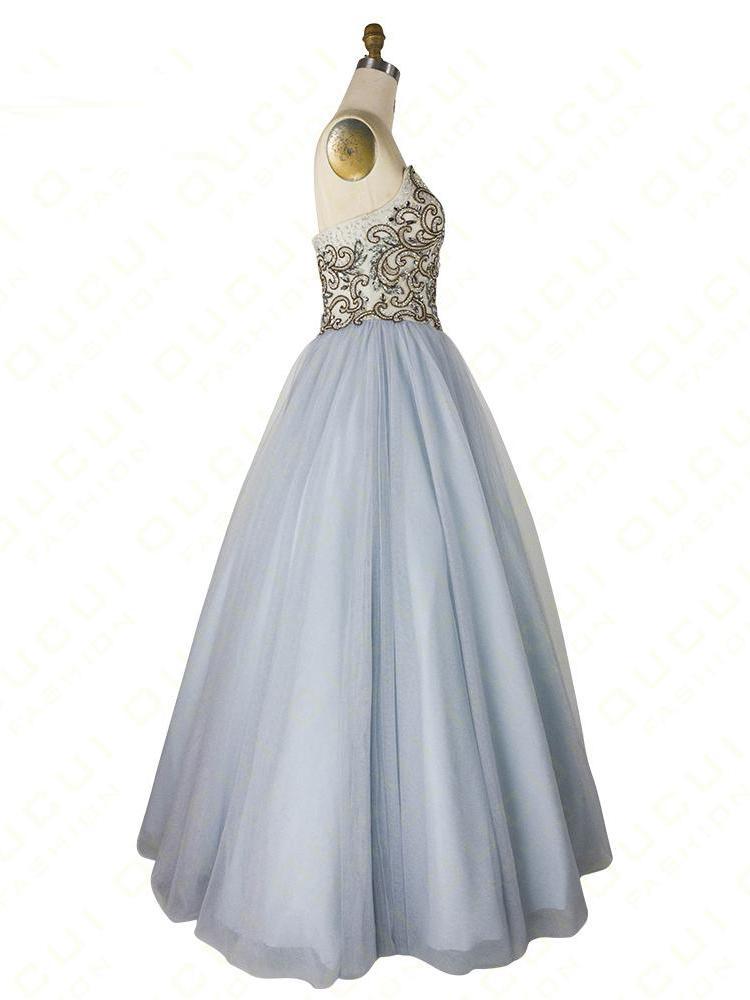 A-line Sweetheart Beaded Light Blue Long Prom Dresses Unique Formal Gowns PDR55