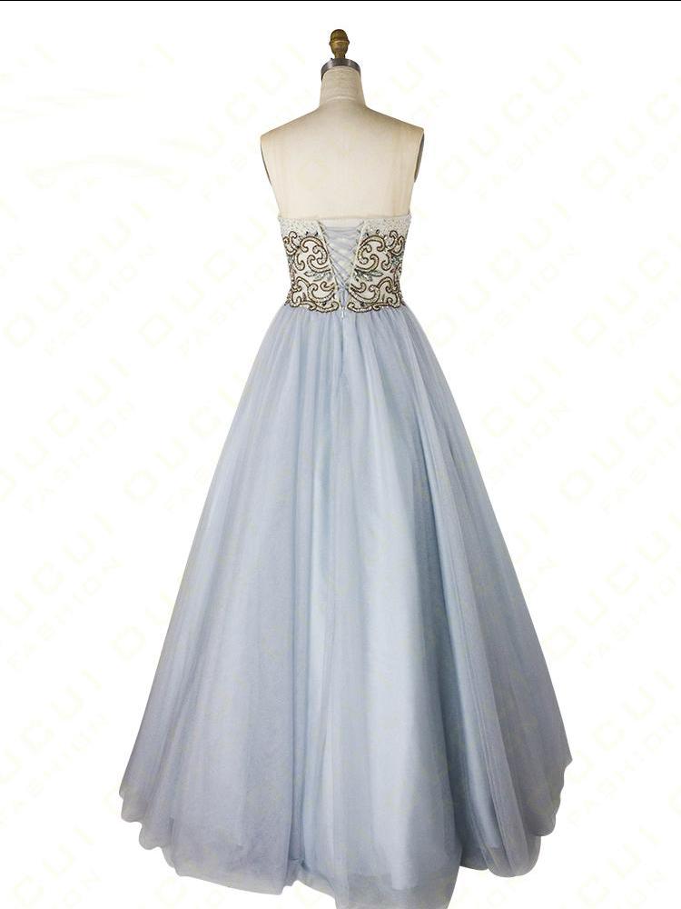 A-line Sweetheart Beaded Light Blue Long Prom Dresses Unique Formal Gowns PDR55