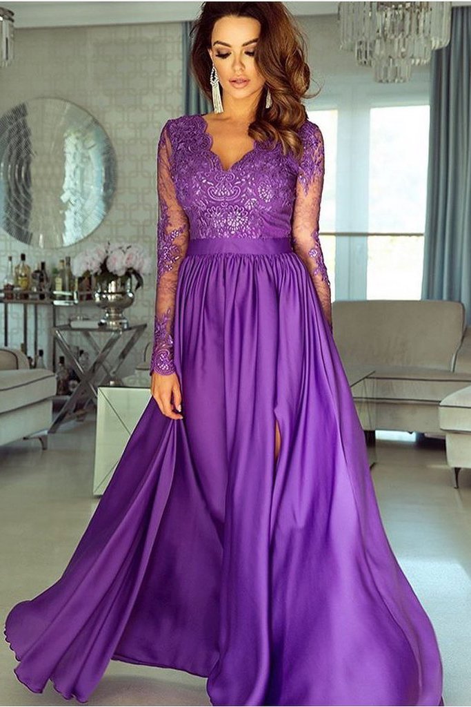 A-line V neck Long Sleeves Prom Dresses Lace Appliques Formal Gowns PDR73