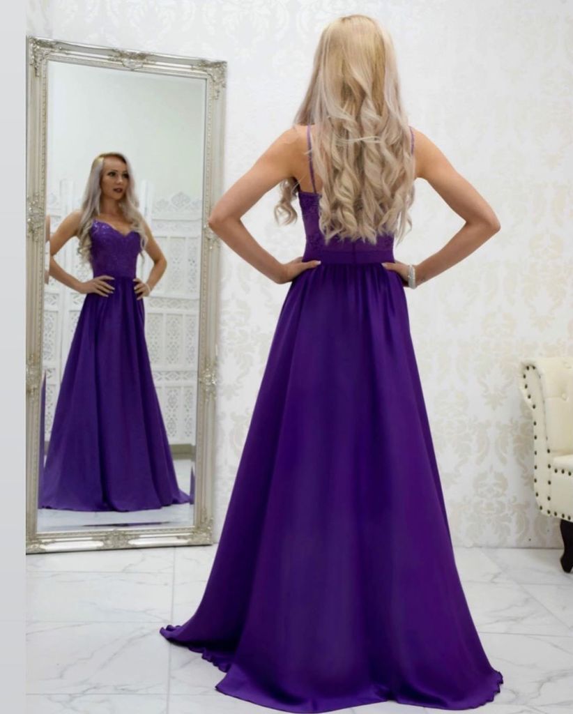 A-line Spaghetti Straps Grape Long Satin Prom Dresses Lace Top Formal Gowns PDR54