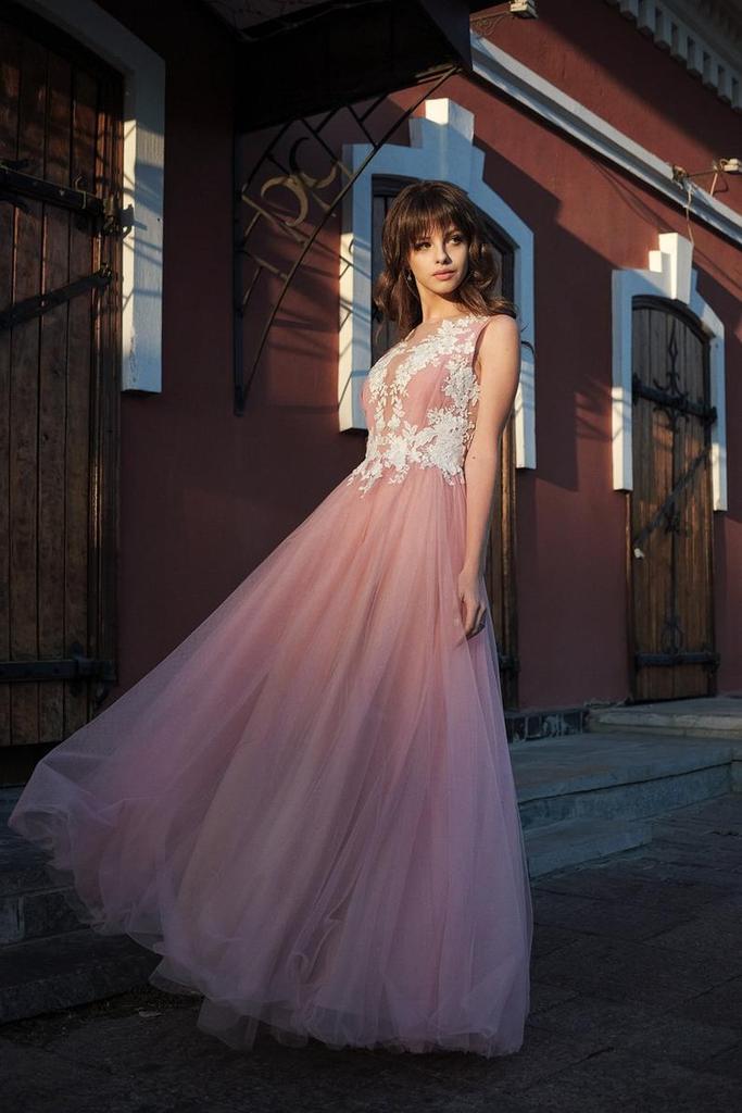 A-line Bateau Pink Tulle Long Prom Dresses Applique Formal Gowns PDR53