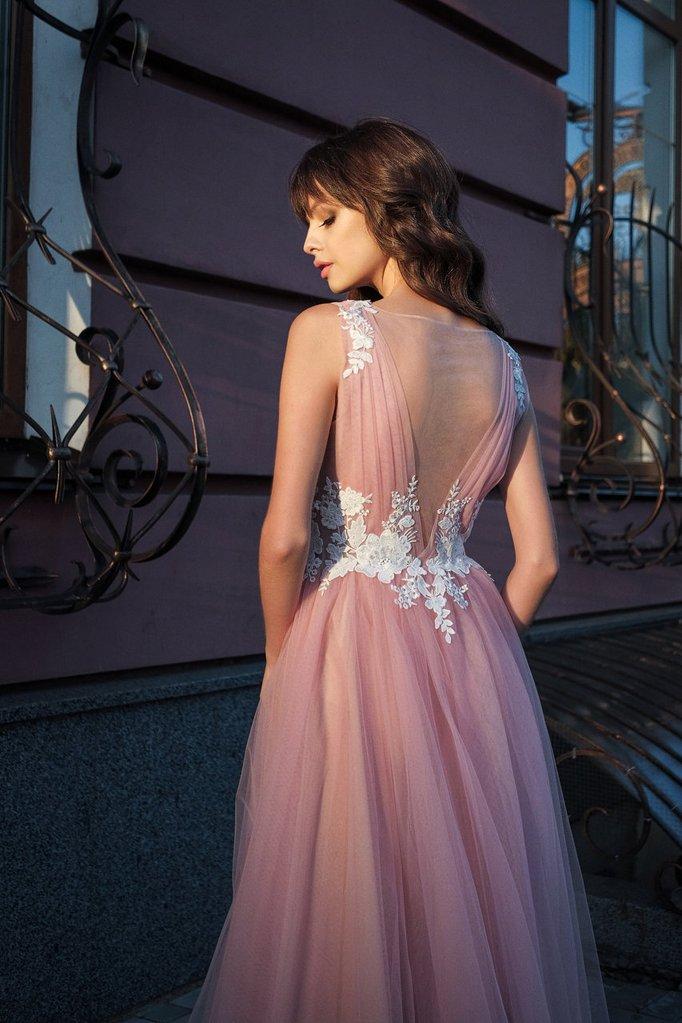 A-line Bateau Pink Tulle Long Prom Dresses Applique Formal Gowns PDR53
